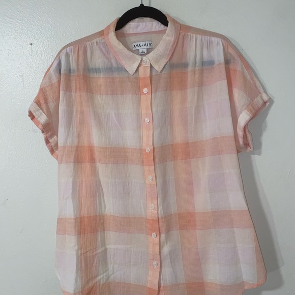 Ava & Viv Tops - Ava & Viv Peach and Cream Plaid Shirt Women Top Size XL